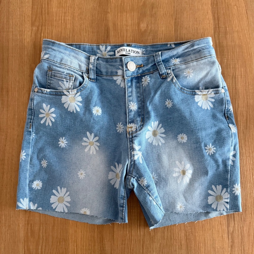 Revelation Denim Womens Daisy Floral Print Cutoff Jean Shorts Light Wash Size 4